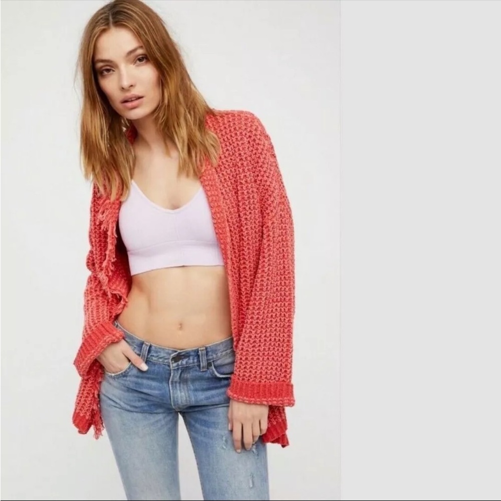 Free People pink boho cotton silk fringe cardigan